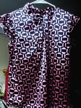Geometric Pink and BlackTie-Neck Blouse